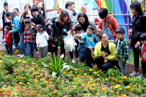 4月27日，游客在“蝴蝶谷”觀賞花叢中的蝴蝶。