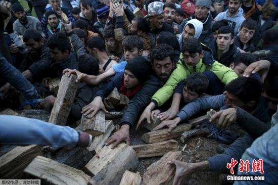 當(dāng)?shù)貢r間2016年3月6日，希臘Idomeni，滯留希臘與馬其頓邊境的移民蜂擁爭搶木柴。