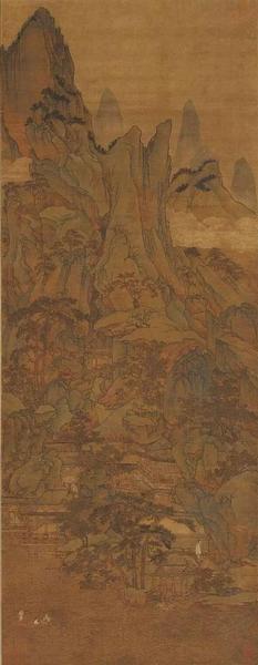 胡廷暉《春山泛艇圖》 絹本，青綠設(shè)色，縱143cm，橫55.5cm，北京故宮博物院藏