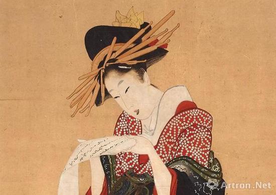 《藝妓讀信》局部，喜多川歌麿  （？-1806），彩色木刻版畫，約1805—1806年