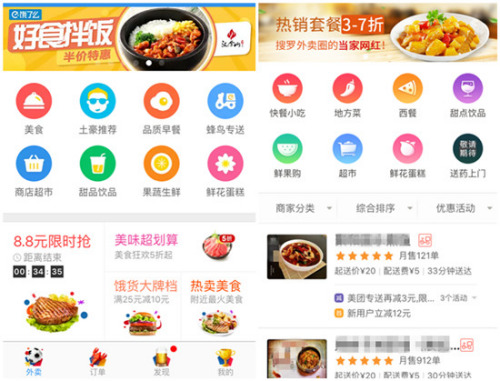 餓了么(左)與美團訂餐APP界面。